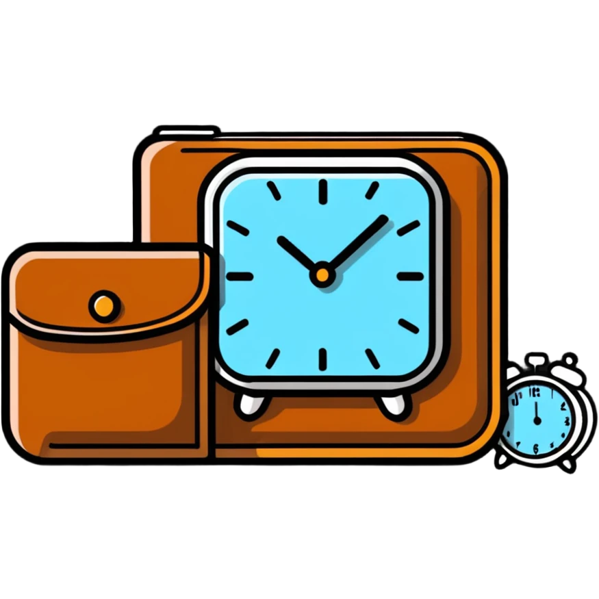leather wallet next to an alarm clock emoji