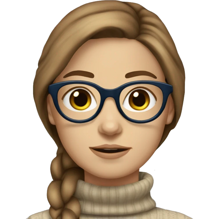 White girl with blue eyes turtleneck brown hair round glasses emoji
