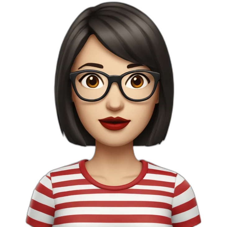 caucasian woman with square black glasses, straight dark brown bangs, red lipstick, blue and white striped t shirt emoji