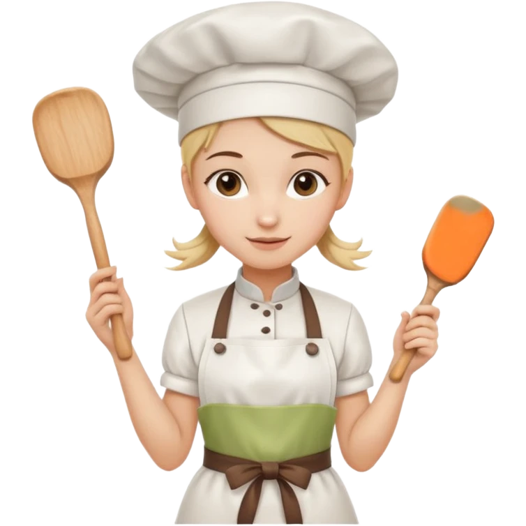 Young female pastry chef - single ponytail, apron, wearing a white hat, holding a rolling pin emoji