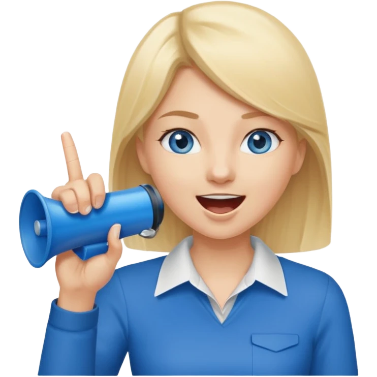 blue eyes blonde girl yelling into megaphone and holding up 1 finger in the other hand smiling emoji