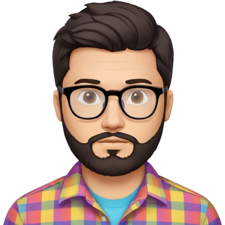 a 30-year-old man with light skin, medium solid build, wide face, soft cheeks, rounded jawline, neutral relaxed expression, short dense full beard, wavy voluminous brown-black hair at the front, large rectangular black thick frame glasses, colorful button-up shirt open showing white t-shirt emoji