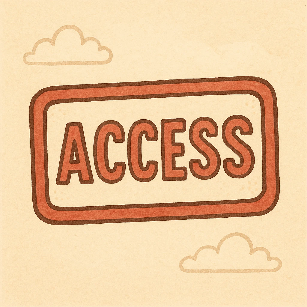 red rectangular stamp print with the word 'Access', bold, distressed ink, white background emoji