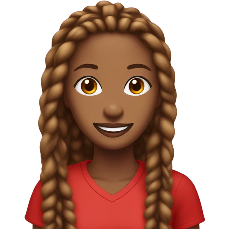 Light brown lady smiling,  brown long African braids, bright red lips, eyelashes, wearing red “happy Valentine’s Day” t shirt emoji