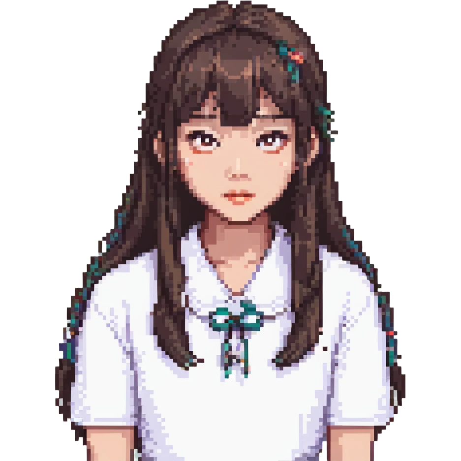 Asian girl with thin bangs, long hair, round eyes, pixel art style emoji