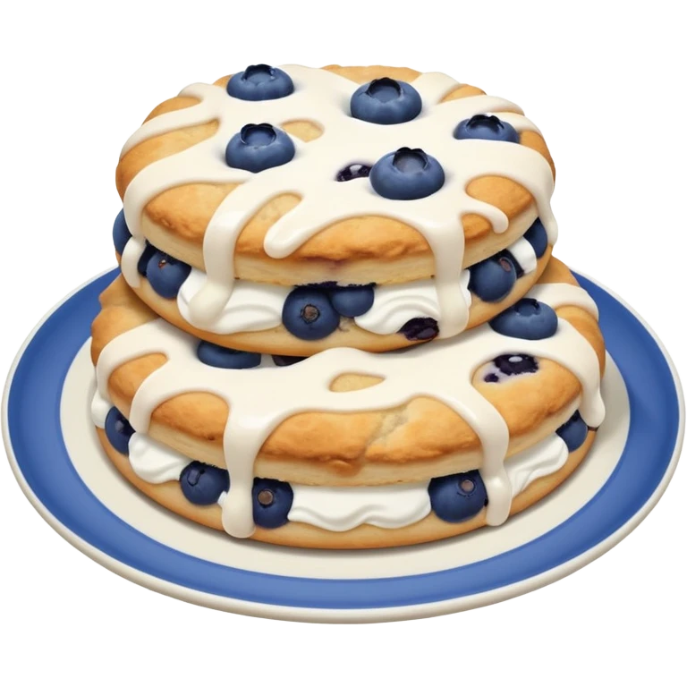 plate of 2 blueberry biscuits with white icing swirl on top emoji