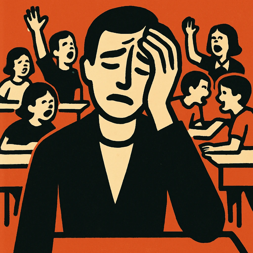 exhausted teacher in a bustling classroom emoji