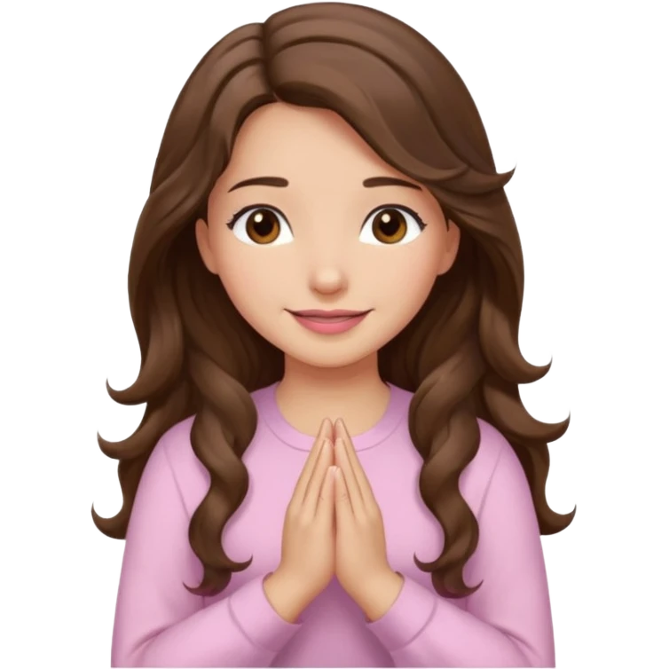 girl with wavy long brown hair, brown eyes, light to medium complexion, long lashes, light pink lipstick, praying, smiling, wearing light pink shirt emoji