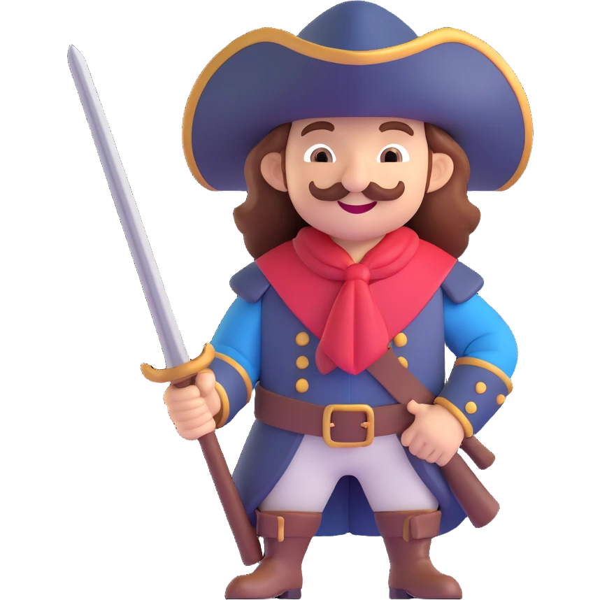 musketeer, cheerful expression, shiny finish emoji