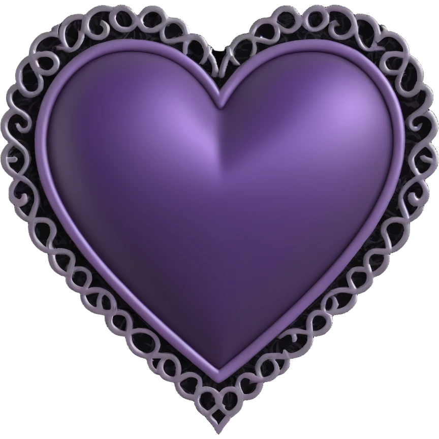 3D emoji gothic heart, deep purple satin texture, ornate silver filigree, black lace trim, moody and elegant style, faint purple glow emoji