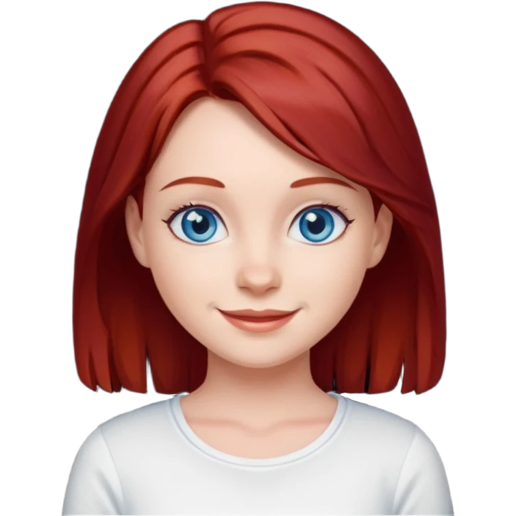generate a young girl with dark red hair in a white top. she is supposed to have blue eyes  emoji