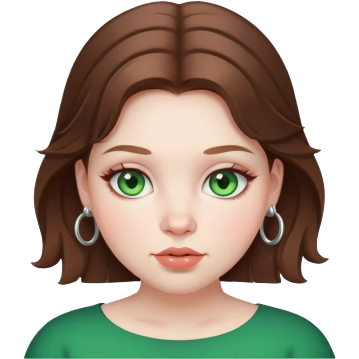 Brown haired girl, pale skin, green eyes, plump lips, blushed cheeks, silver hoops emoji