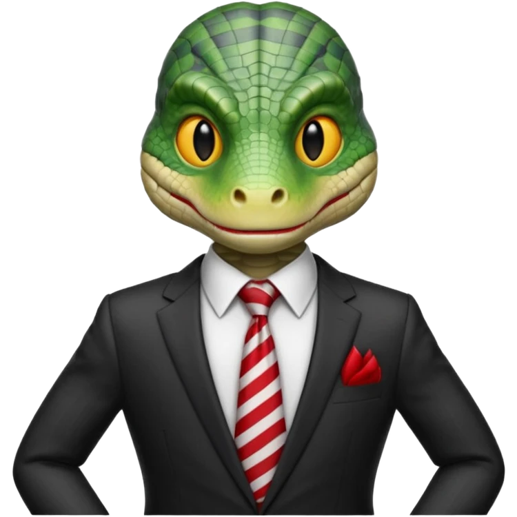 A reptilian humanoid dressing a suit, striped red and white tie, human emoji style, his face is seriously and sarcastic emoji