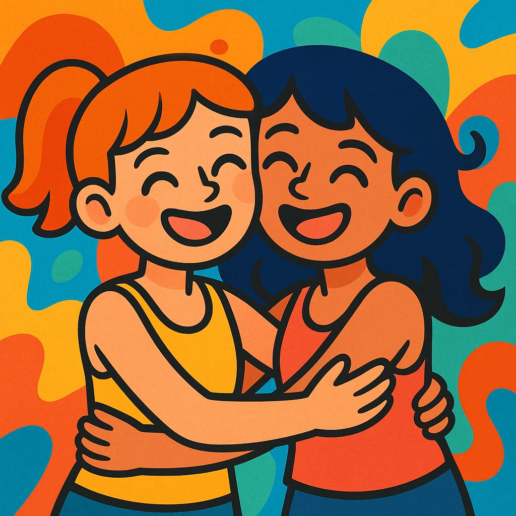two girls in tank tops hugging, best friends, warm and joyful, colorful cartoon style illustration emoji