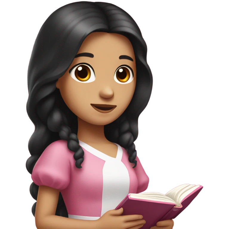 girl with long dark black hair, white skin, with Christian style, a pink dress, a bow in her hair and a pink Bible in her hand emoji