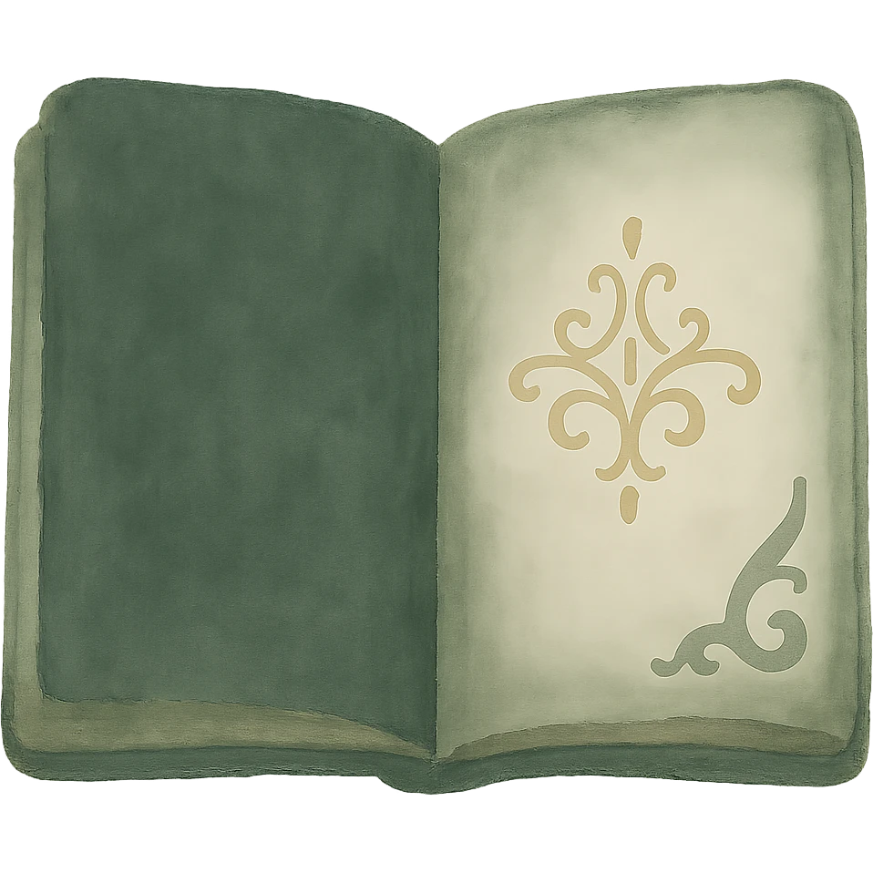 Change the cover of this open antique book to a dark green color, maintaining the dreamy painterly watercolor style with visible brushstrokes, on a transparent background. emoji