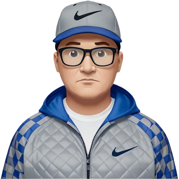 50-year-old heavyset man with very wide face and prominent square jawline wearing a black Nike baseball cap with visible Nike swoosh logo. Large dark square glasses. Serious-relaxed expression. Light gray jacket that fits his larger frame, white shirt with blue checkered pattern. emoji