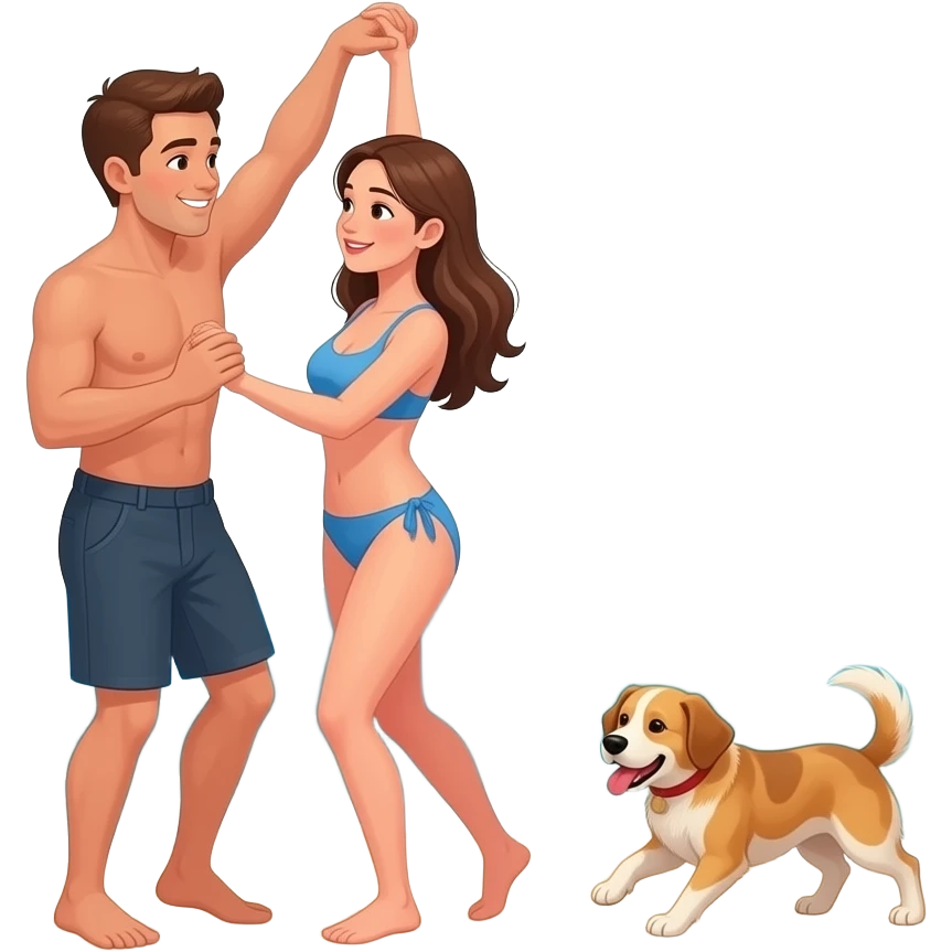 Lesbian couple (two women one feminine one more masculine) dancing on the beach while their dog plays in the water emoji