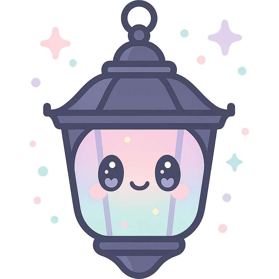 kawaii style magical gothic lantern, cute face, black and purple glass, glowing with pastel light, surrounded by magical sparkles, sweet and mystical emoji