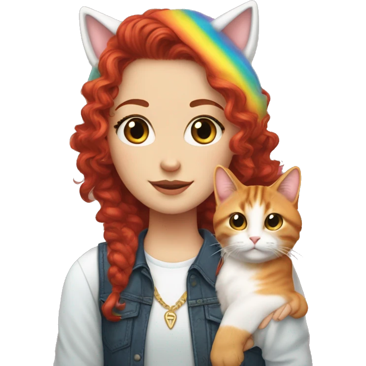 a white girl with long red curly hair in a pony tail with rainbow shirt does peace sign wearing cat ears one black other white emoji