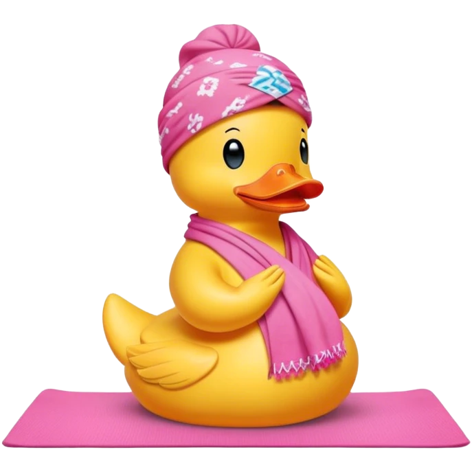 side view of yellow rubber duck with a pink bandana doing yoga while praying emoji