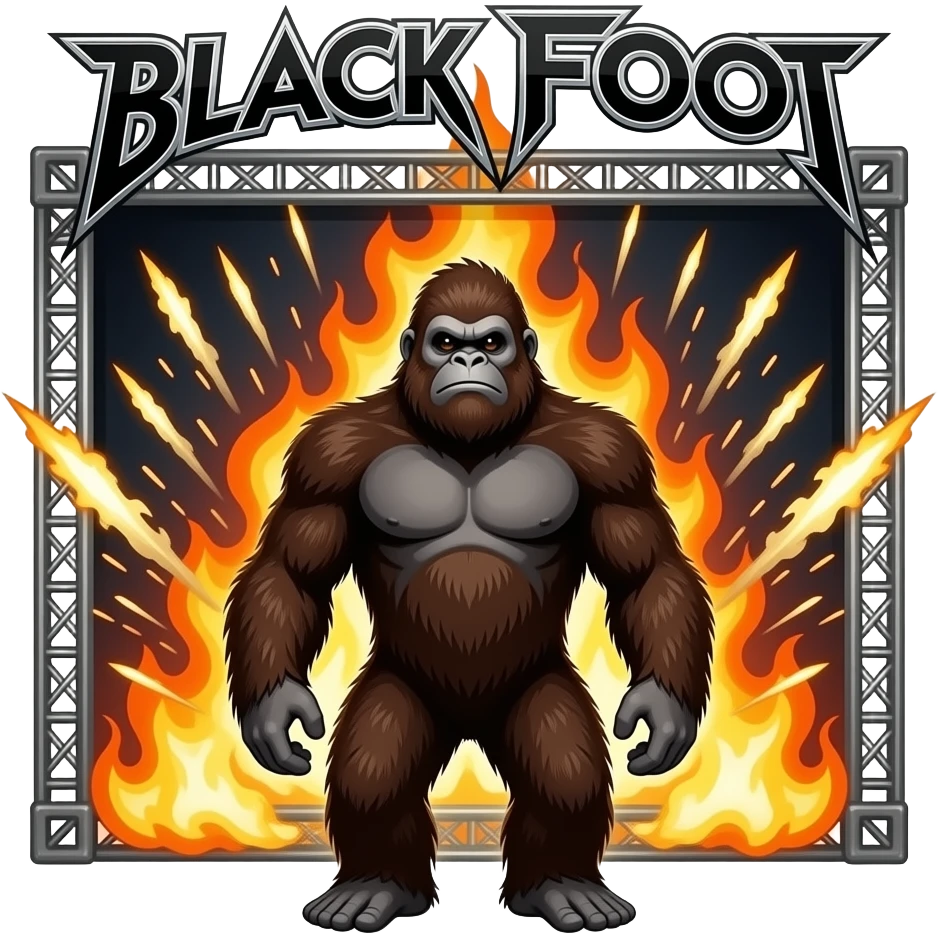 Bigfoot standing in front of heavy metal "BLACK FOOT " Logo stage backdrop pyrotechnics shooting flames behind him emoji