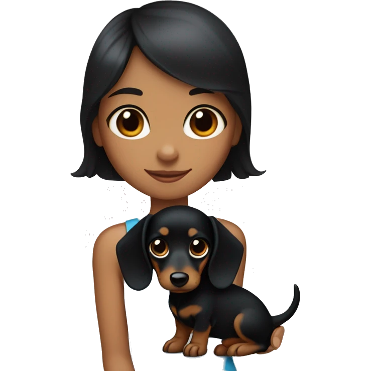 A black haired girl with blue eyes and a black and tan dachshund in her hand emoji