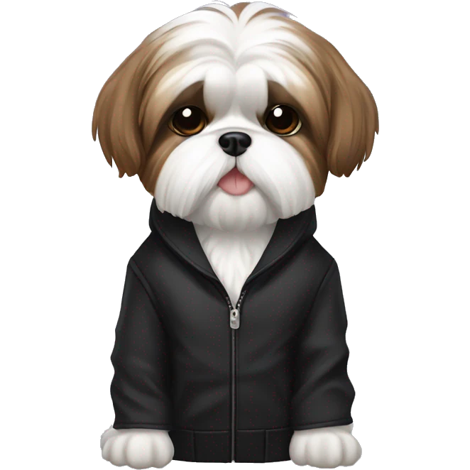 The Shih Tzu dog is white and brown in a black jacket emoji