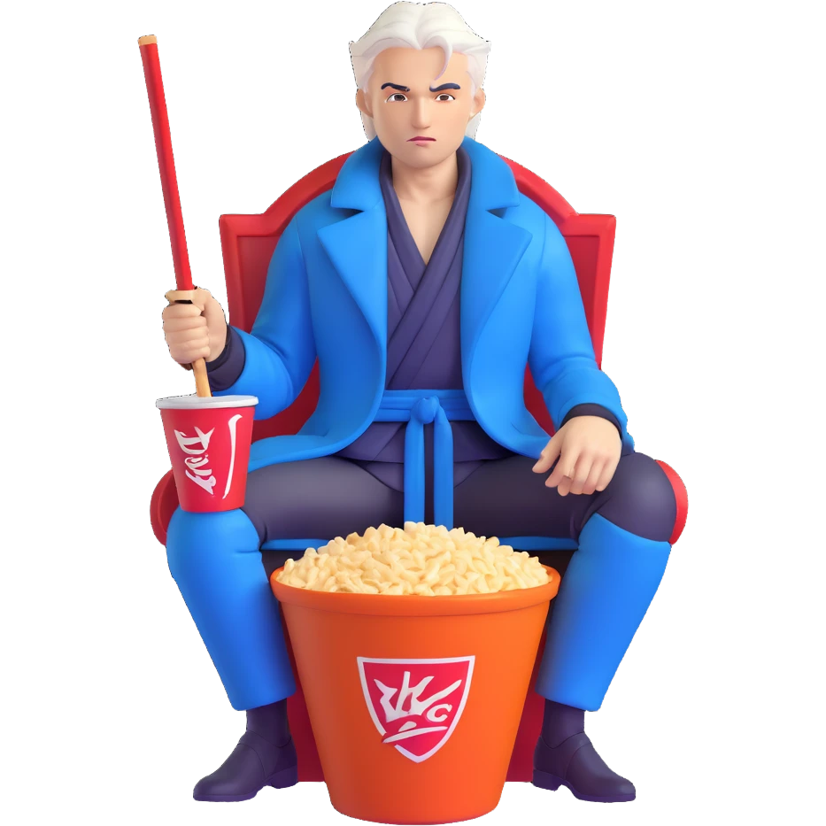 Vergil from Devil May Cry sitting in a KFC bucket, blue coat, white hair, katana emoji