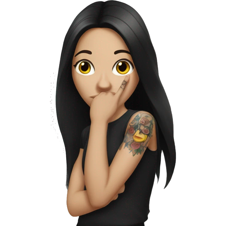 A white girl with dark long hair covers her mouth with her hand on her tattooed arm  emoji