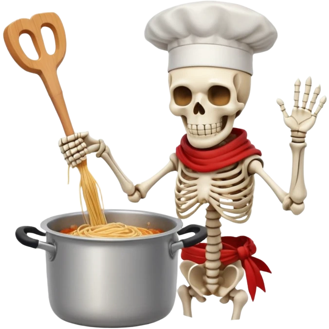 Papyrus from Undertale cooking spaghetti, tall skeleton with red scarf and white armor, enthusiastically stirring pasta in a pot, chef hat emoji