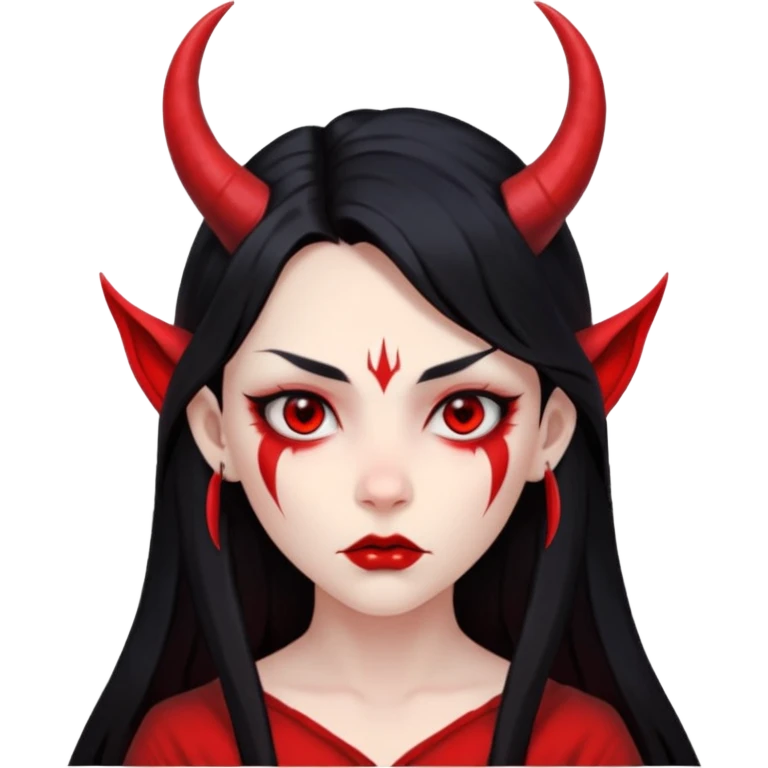 Head only: demon girl, 100% red skin, long black hair, small horns, sharp cheekbones, serious eyes, full lips, pointed ear; centered, no body, no text. emoji