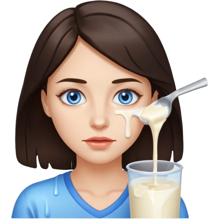 Brunette woman with blue eyes, with big naked tits with nipples, with dripping milk on her face emoji