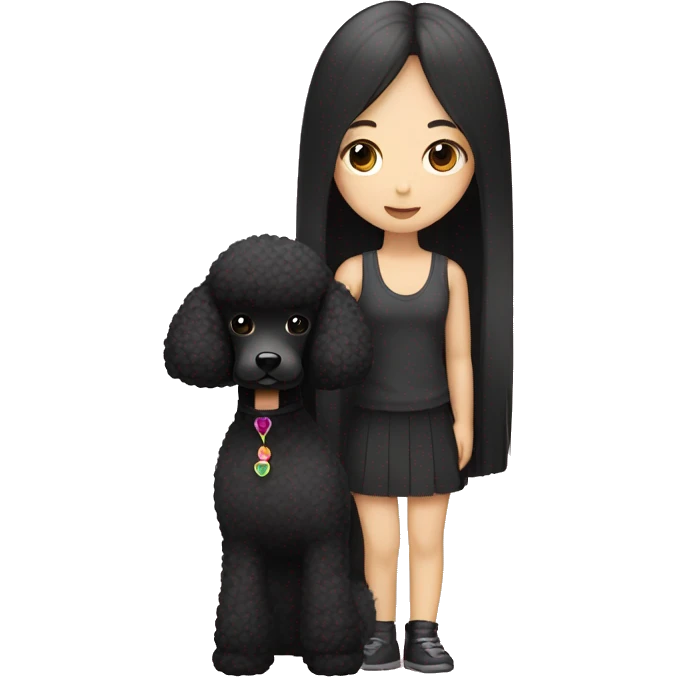 One Korean girl with black long straight hair with one black poodle emoji