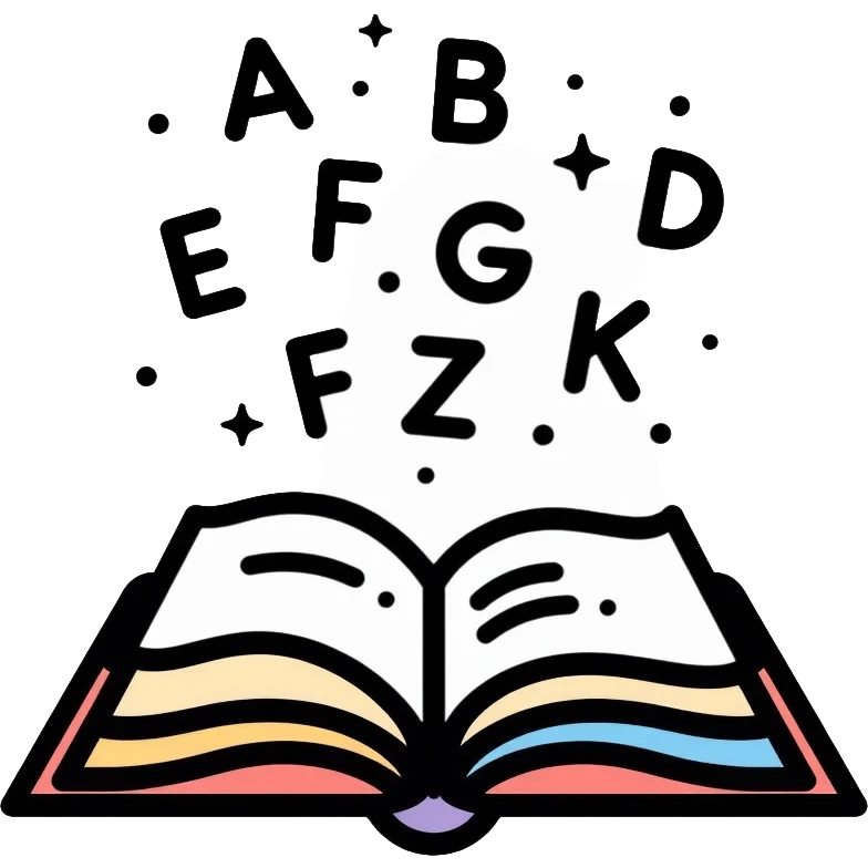 Literacy app icon with open book and alphabet letters floating above it emoji