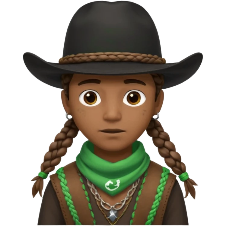 Black boy with 3 braids on each side of face wearing a black cowboy hat with green bandana around his neck emoji