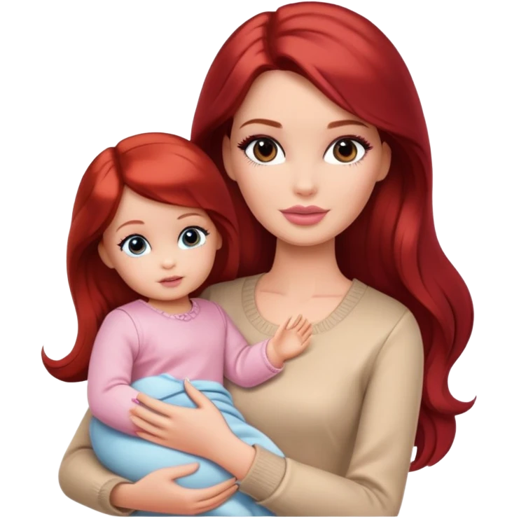 A barbie girl with makeup with dark brown hair long with a baby, a daughter, a girl with red hair, holding her hand in beige clothes emoji