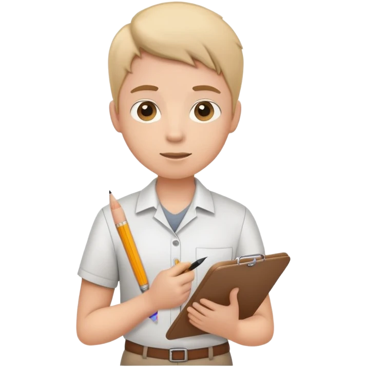 intern or volunteer holding a clipboard and pencil, ready to take notes or assist. The character wears a simple shirt and has an eager posture emoji
