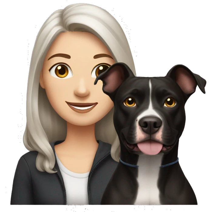 white woman with long brown hair and cat shaped eyes standing alongside a happy black pitbull  emoji
