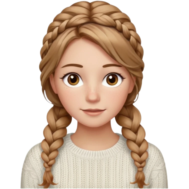 light brown hair blonde hair hazel eyes woman with a white cable knit sweater thatand one braid down her back  with tendrils of hair flowing down her face and she is happy pale, some freckles, blush. she has a cateye wing and long lashes she has eyeliner emoji