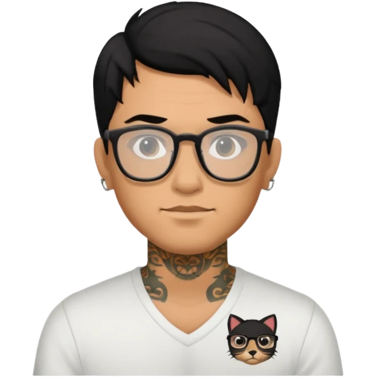 man with tattoo, black hair, wearing glasses emoji