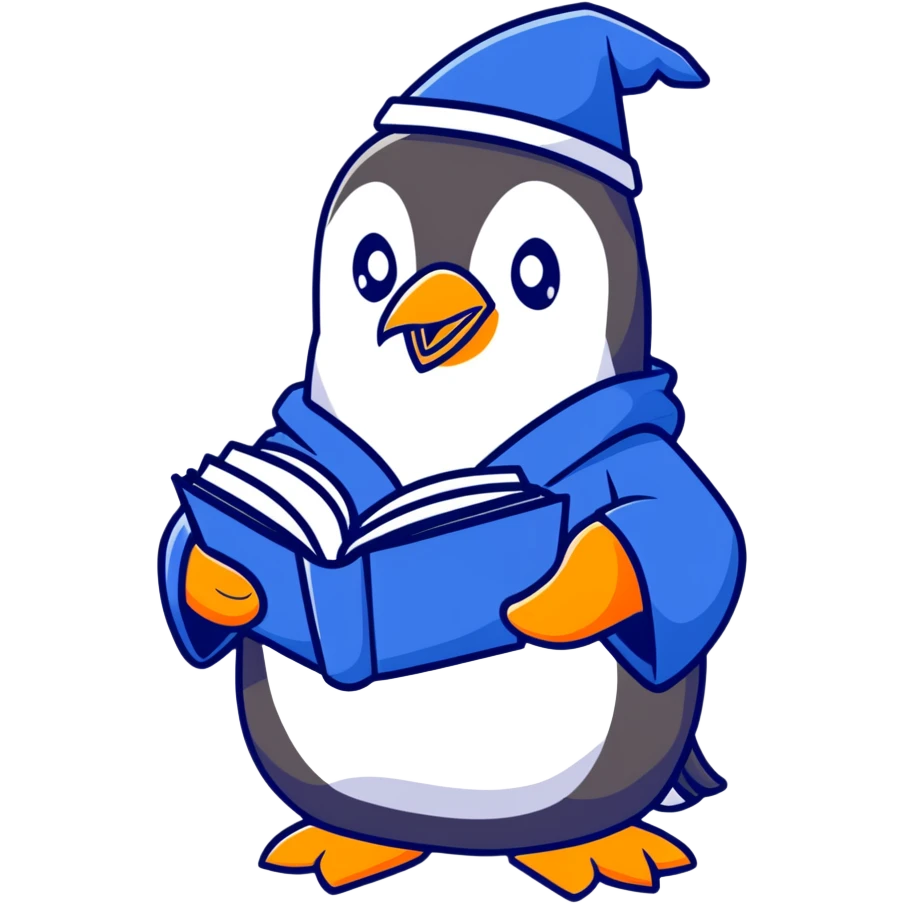 penguin wizard with blue robe and magic book emoji
