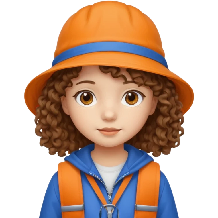 A little girl student curly brown hair, with beige bucket hat, orange jacket, blue backpack emoji