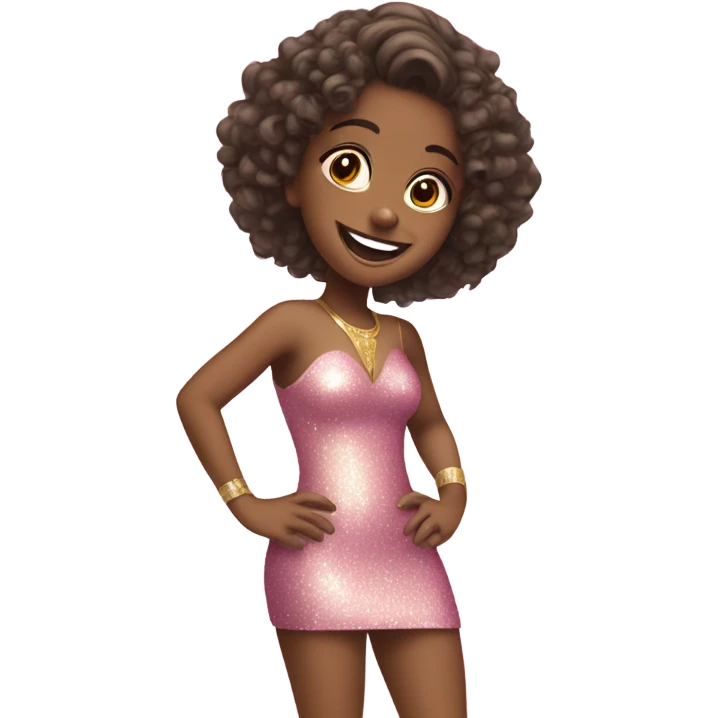 smiling girl in sparkly pink tight dress and gold heels  emoji