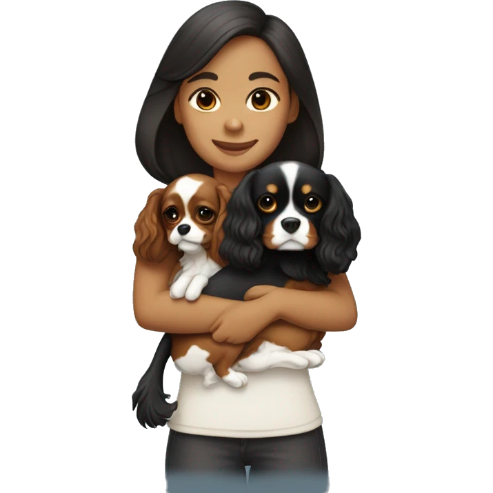 asian girl hugging black and brown cavalier king charles spaniel emoji