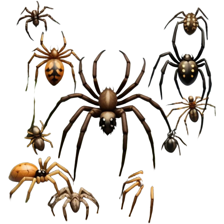 Collage of various spiders, including tarantulas and other exotic species, inside a  terrarium with webs and natural décor. Close-up shots of their intricate legs, eyes, and fuzzy bodies. Soft lighting, transparent background. emoji