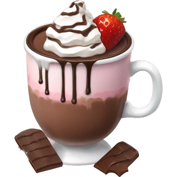 hot chocolate with mug and whip cream and chocolate drizzle and pale pink strawberry emoji