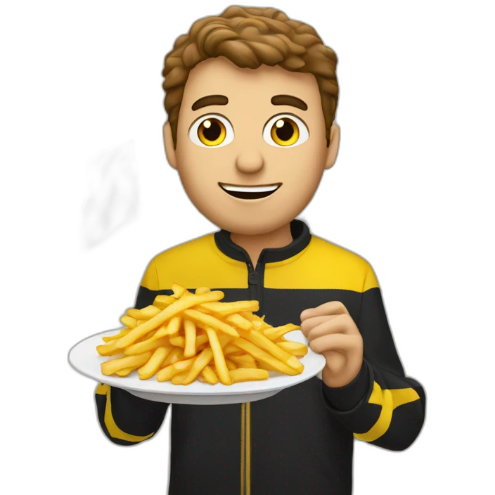 Belgian man with Belgium flag behind eating French fries and a waffle emoji