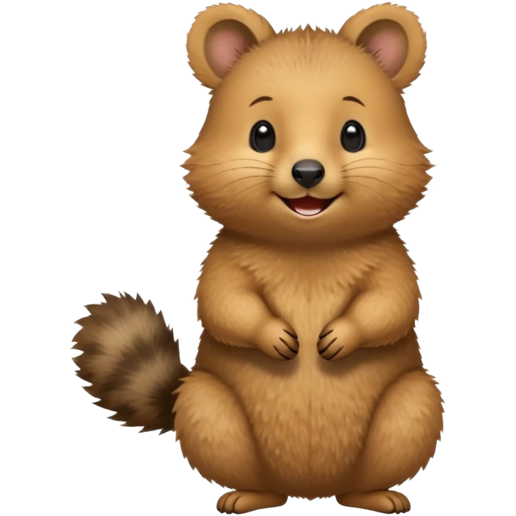 cinematic-quokka-realistic-full-body-standing on its hind legs hunched over-emoji,-small-round-frame-balanced-on-tiny-strong-hind-legs,giant fluffy cheeks large smile-fluffy-brown-fur-radiating-a-warm-softness,-big-round-eyes-filled-with-joy-and-innocence,-tiny-clawed-paws-held-close-to-chest,-cheerful-smile-exuding-endearing-happiness,-simplified-yet-realistic-focused-features,-highly-detailed,-glowing-with-a-sunny-warmth emoji
