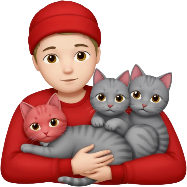 Make 20 gray cats cudling a kid that’s a boy wearing all red  emoji